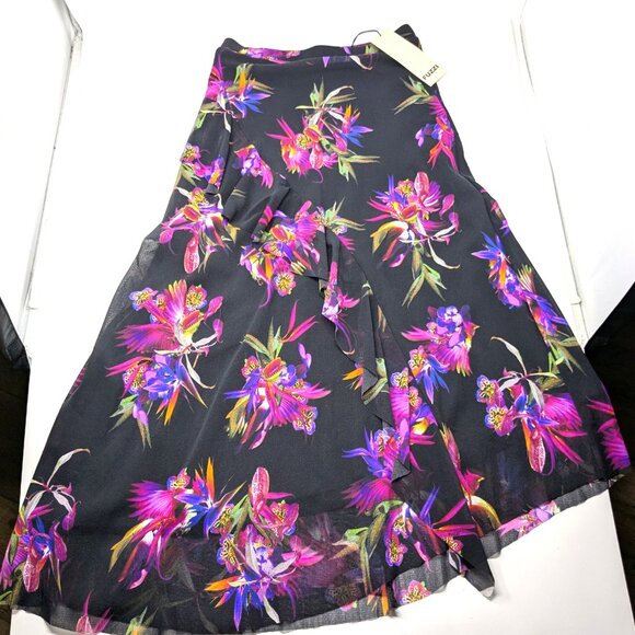 FUZZI Italy Black Floral Mesh Skirt NWT Small Pink Bird Paradise Ruffle Maxi - Picture 5 of 16